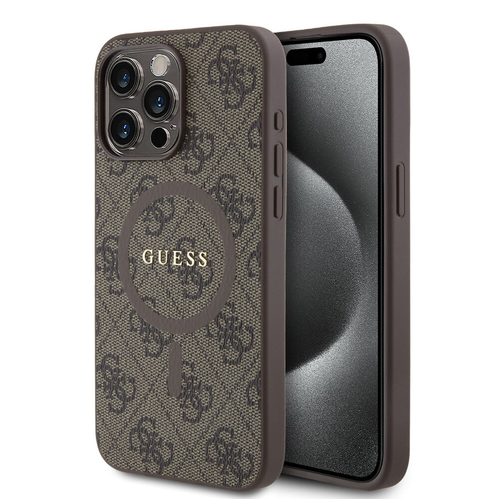 Guess Guess iPhone 15 Pro Max Back-Cover hul - HC O Magsafe PU 4G Ring Classic Logo - Braun Guess Guess iPhone 15 Pro Max Back-Cover hul - HC O Magsafe PU 4G Ring Classic Logo - Braun
