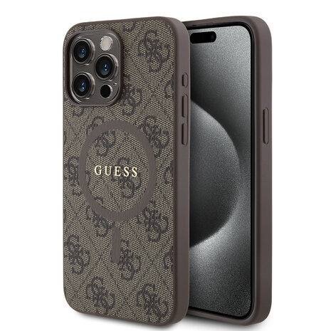 Guess Guess iPhone 15 Pro Max Back cover case - HC O Magsafe PU 4G Ring Classic Logo - Brown Guess Guess iPhone 15 Pro Max Back cover case - HC O Magsafe PU 4G Ring Classic Logo - Brown