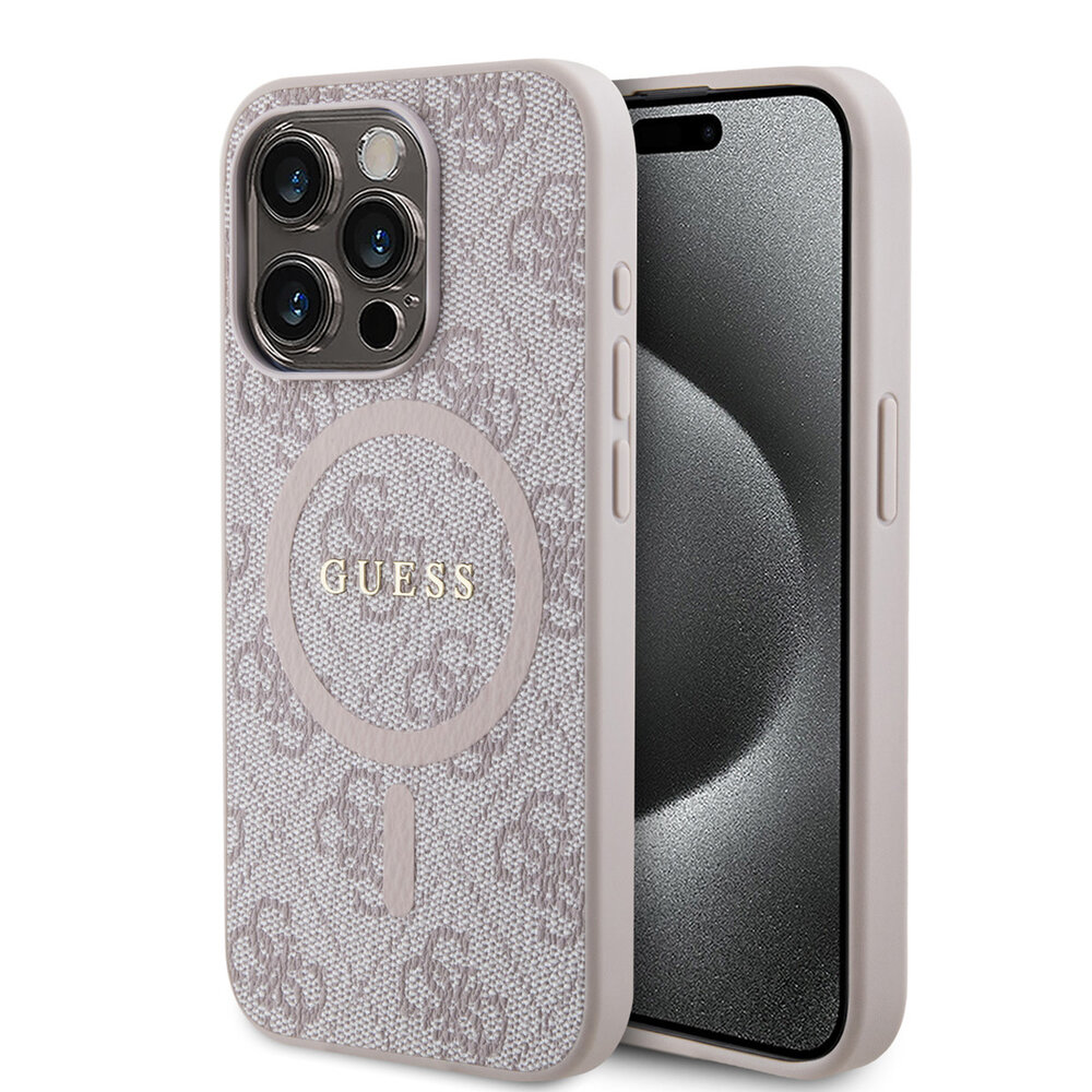 Guess Guess iPhone 15 Pro Max Backcover hoesje - HC O Magsafe PU 4G Ring Classic Logo - Roze Guess Guess iPhone 15 Pro Max Backcover hoesje - HC O Magsafe PU 4G Ring Classic Logo - Roze