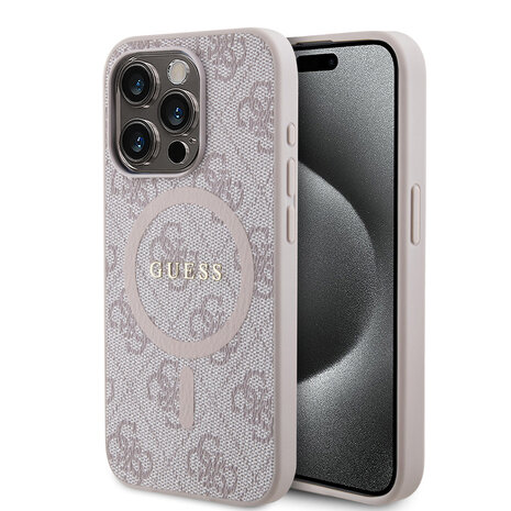 Guess Guess iPhone 15 Pro Max Backcover hoesje - HC O Magsafe PU 4G Ring Classic Logo - Roze Guess Guess iPhone 15 Pro Max Backcover hoesje - HC O Magsafe PU 4G Ring Classic Logo - Roze