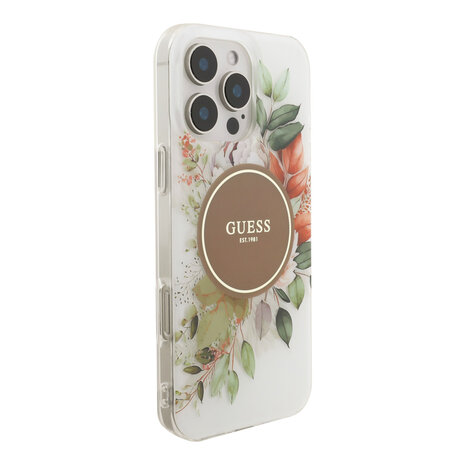 Guess Guess iPhone 16 Pro Max Backcover hoesje - HC O Magsafe IML Flower - Bruin Guess Guess iPhone 16 Pro Max Backcover hoesje - HC O Magsafe IML Flower - Bruin