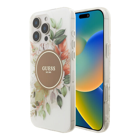 Guess Guess iPhone 16 Pro Max Backcover hoesje - HC O Magsafe IML Flower - Bruin Guess Guess iPhone 16 Pro Max Backcover hoesje - HC O Magsafe IML Flower - Bruin
