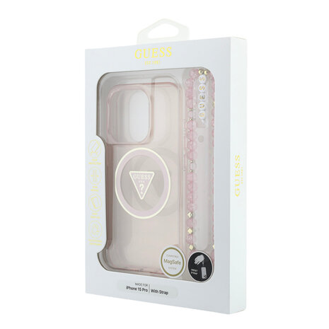 Guess Guess iPhone 15 Pro Back cover coque - HC O Magsafe IML Triangle Logo W/ Pearl - Rose Guess Guess iPhone 15 Pro Back cover coque - HC O Magsafe IML Triangle Logo W/ Pearl - Rose