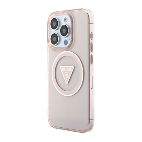 Guess Guess iPhone 15 Pro Backcover hoesje - HC O Magsafe IML Triangle Logo W/ Pearl - Roze Guess Guess iPhone 15 Pro Backcover hoesje - HC O Magsafe IML Triangle Logo W/ Pearl - Roze