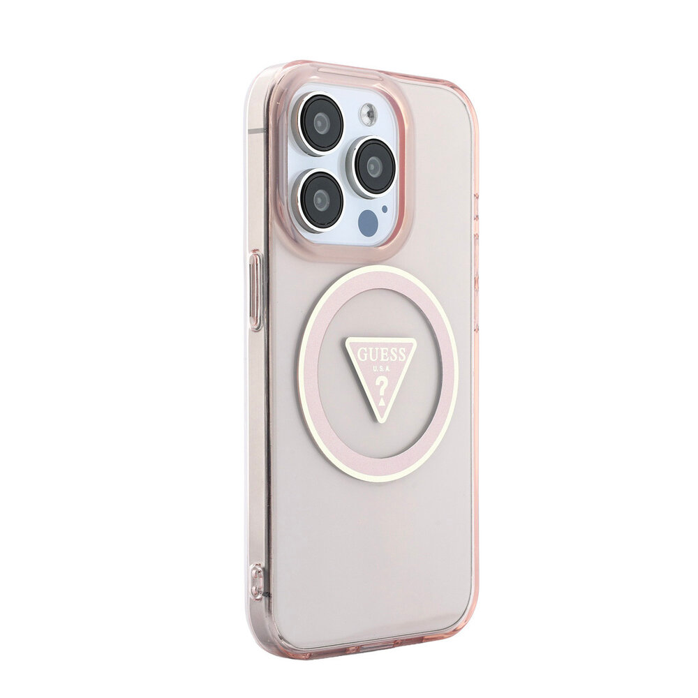 Guess Guess iPhone 15 Pro Backcover hoesje - HC O Magsafe IML Triangle Logo W/ Pearl - Roze Guess Guess iPhone 15 Pro Backcover hoesje - HC O Magsafe IML Triangle Logo W/ Pearl - Roze