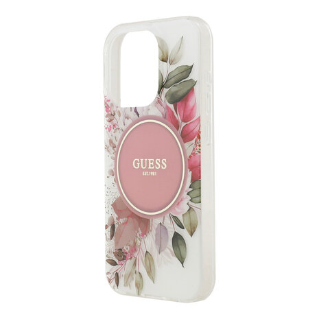 Guess Guess iPhone 15 Pro Backcover hoesje - HC O Magsafe IML Flower & Tonal Circle - Roze Guess Guess iPhone 15 Pro Backcover hoesje - HC O Magsafe IML Flower & Tonal Circle - Roze
