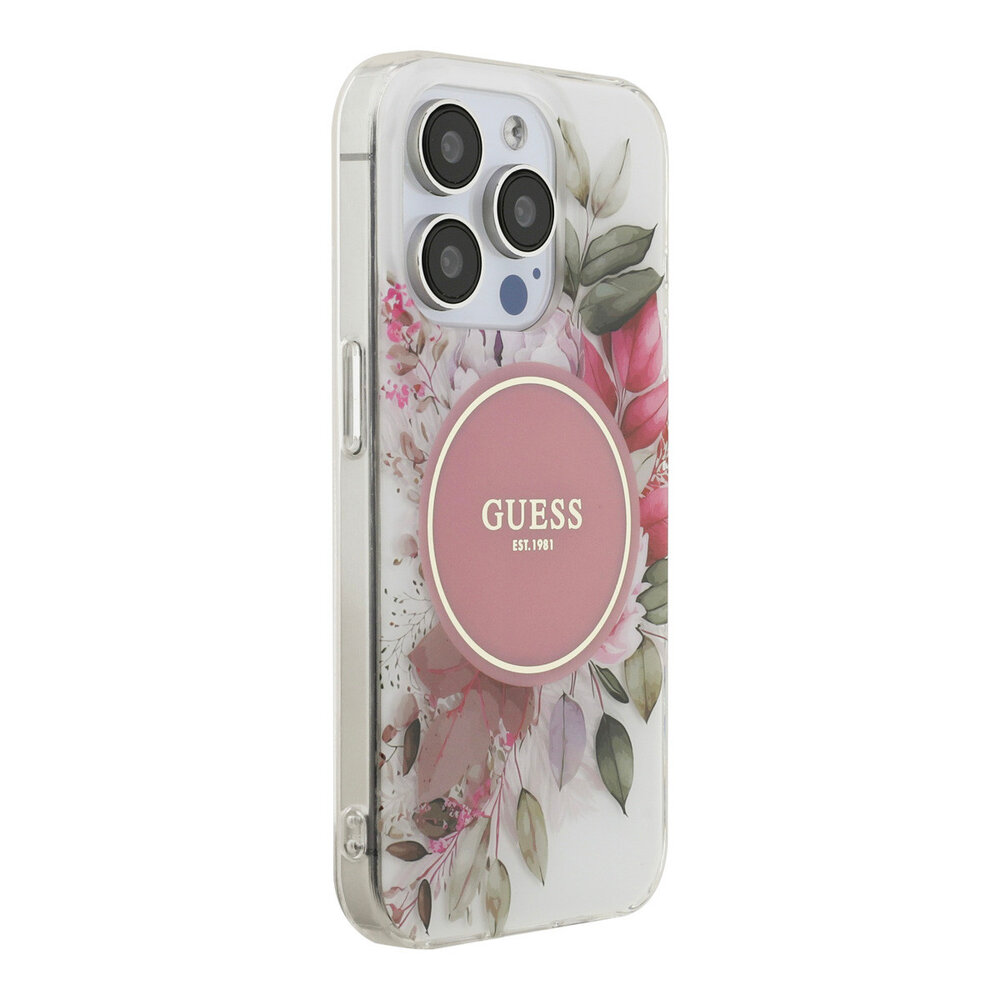 Guess Guess iPhone 15 Pro Backcover hoesje - HC O Magsafe IML Flower & Tonal Circle - Roze Guess Guess iPhone 15 Pro Backcover hoesje - HC O Magsafe IML Flower & Tonal Circle - Roze