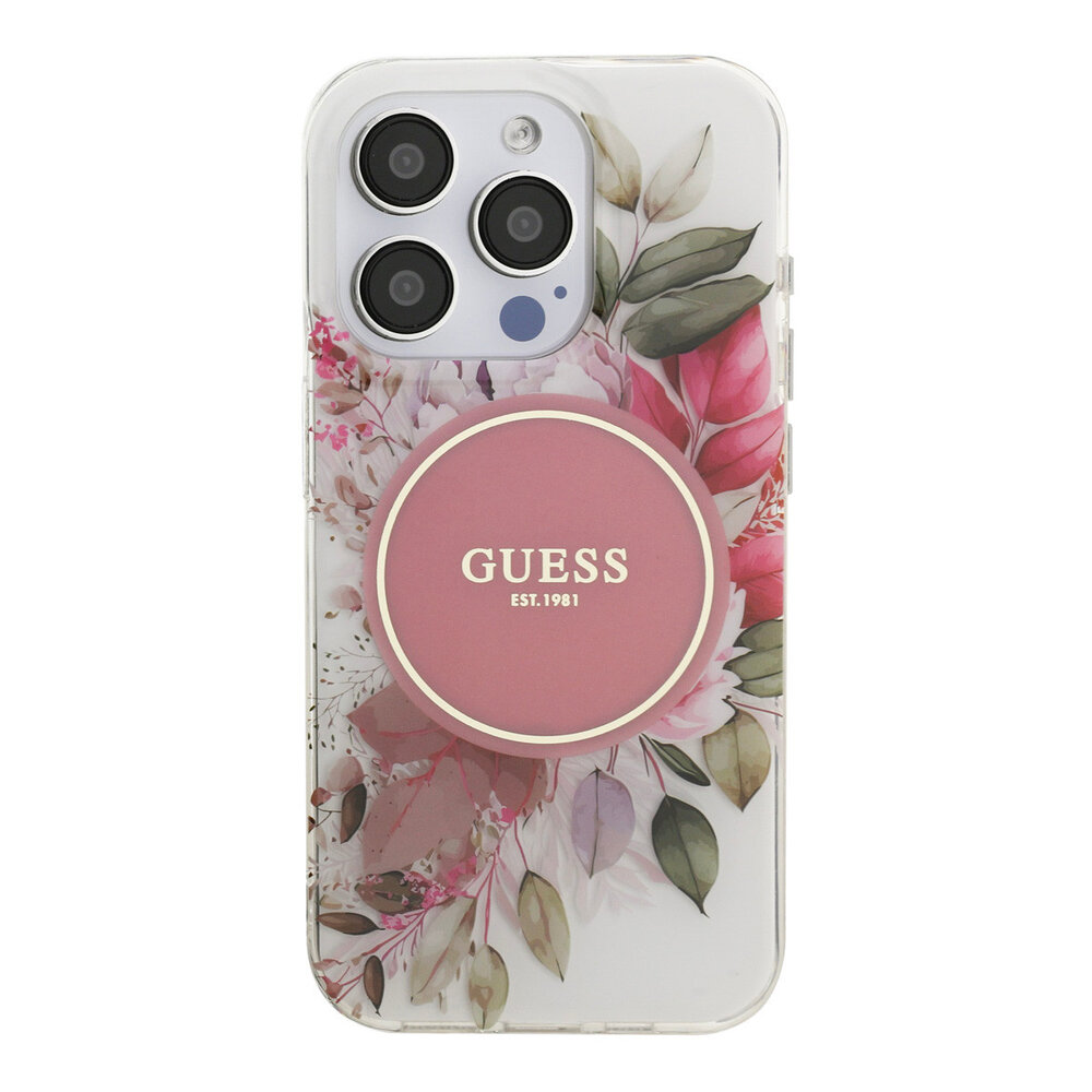 Guess Guess iPhone 15 Pro Back-Cover hul - HC O Magsafe IML Flower & Tonal Circle - Rosa