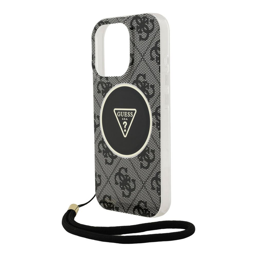Guess Guess iPhone 16 Pro Back cover case - HC O Magsafe IML 4G Triangle W/ Cord Strap - Black Guess Guess iPhone 16 Pro Back cover case - HC O Magsafe IML 4G Triangle W/ Cord Strap - Black