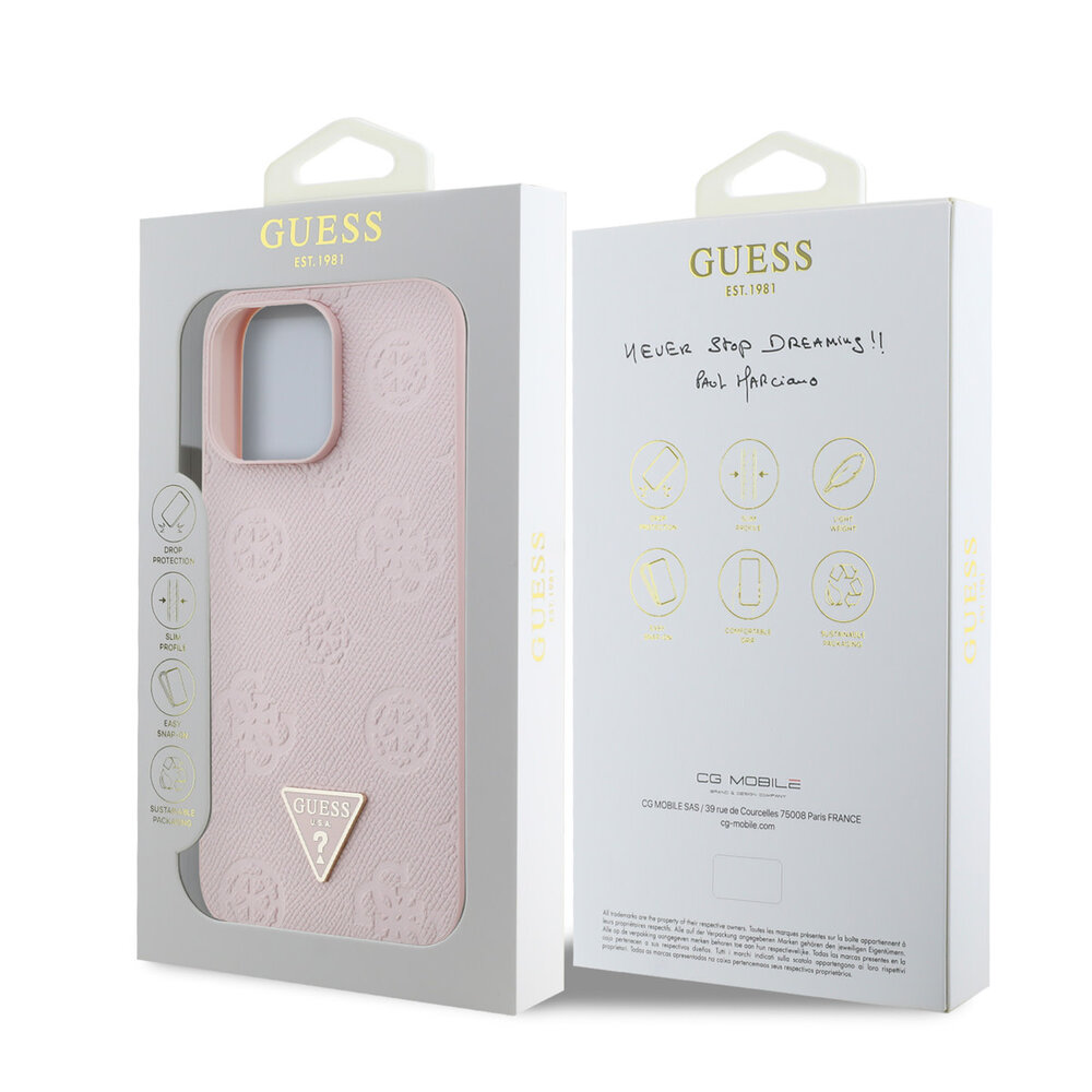 Guess Guess iPhone 15 Pro Max Back cover case - HC O Grained PU HS Peony And Triangle Logo - Pink Guess Guess iPhone 15 Pro Max Back cover case - HC O Grained PU HS Peony And Triangle Logo - Pink