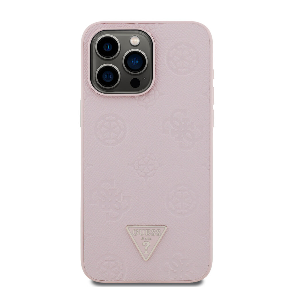 Guess Guess iPhone 15 Pro Max Backcover hoesje - HC O Grained PU HS Peony And Triangle Logo - Roze Guess Guess iPhone 15 Pro Max Backcover hoesje - HC O Grained PU HS Peony And Triangle Logo - Roze