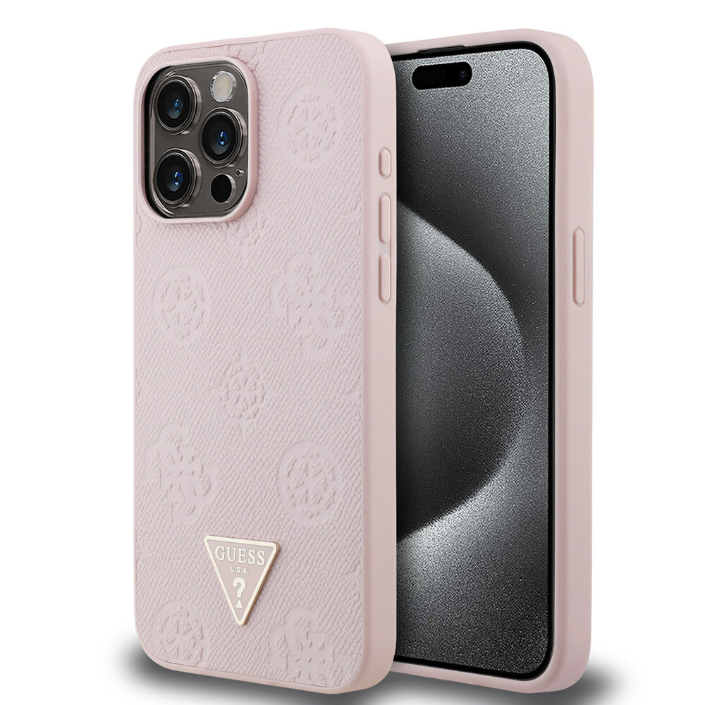 Guess Guess iPhone 15 Pro Max Back cover coque - HC O Grained PU HS Peony And Triangle Logo - Rose Guess Guess iPhone 15 Pro Max Back cover coque - HC O Grained PU HS Peony And Triangle Logo - Rose