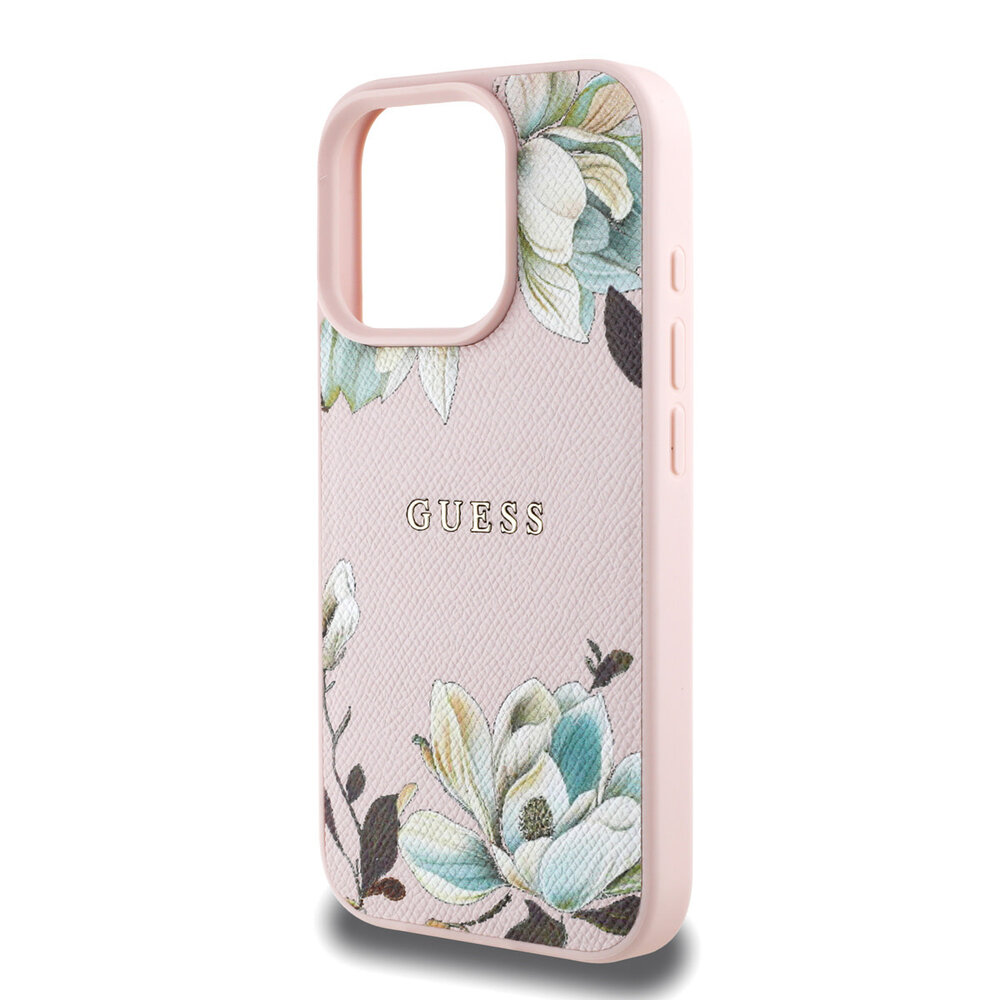Guess Guess iPhone 16 Pro Max Backcover hoesje - HC O Grained PU Printed Flowers And Classic Logo - Roze Guess Guess iPhone 16 Pro Max Backcover hoesje - HC O Grained PU Printed Flowers And Classic Logo - Roze