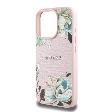 Guess Guess iPhone 16 Pro Max Backcover hoesje - HC O Grained PU Printed Flowers And Classic Logo - Roze Guess Guess iPhone 16 Pro Max Backcover hoesje - HC O Grained PU Printed Flowers And Classic Logo - Roze