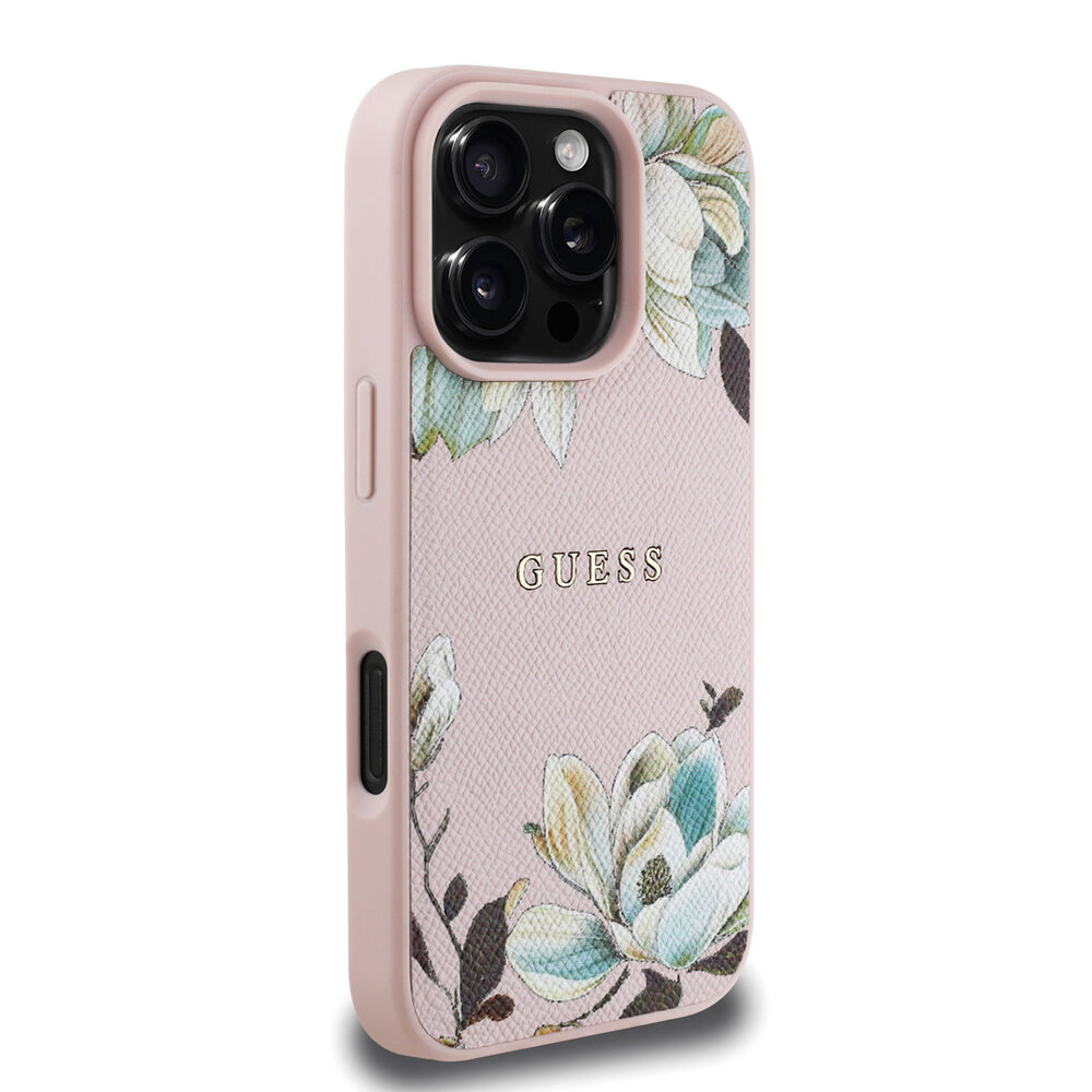 Guess Guess iPhone 16 Pro Max Back cover case - HC O Grained PU Printed Flowers And Classic Logo - Pink Guess Guess iPhone 16 Pro Max Back cover case - HC O Grained PU Printed Flowers And Classic Logo - Pink