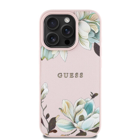 Guess Guess iPhone 16 Pro Max Backcover hoesje - HC O Grained PU Printed Flowers And Classic Logo - Roze Guess Guess iPhone 16 Pro Max Backcover hoesje - HC O Grained PU Printed Flowers And Classic Logo - Roze