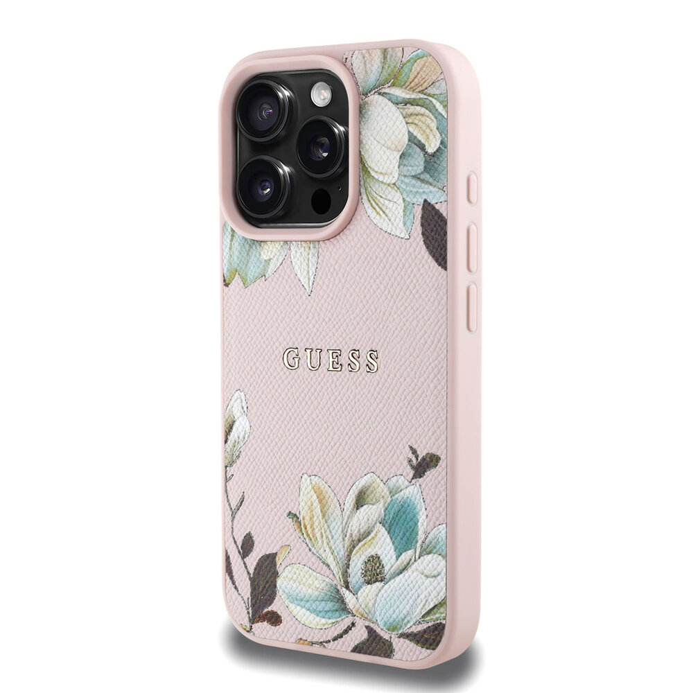 Guess Guess iPhone 16 Pro Max Backcover hoesje - HC O Grained PU Printed Flowers And Classic Logo - Roze Guess Guess iPhone 16 Pro Max Backcover hoesje - HC O Grained PU Printed Flowers And Classic Logo - Roze