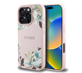 Guess Guess iPhone 16 Pro Max Back-Cover hul - HC O Grained PU Printed Flowers And Classic Logo - Rosa Guess Guess iPhone 16 Pro Max Back-Cover hul - HC O Grained PU Printed Flowers And Classic Logo - Rosa