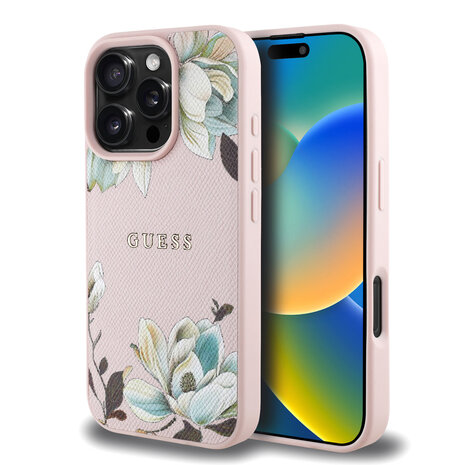 Guess Guess iPhone 16 Pro Max Backcover hoesje - HC O Grained PU Printed Flowers And Classic Logo - Roze Guess Guess iPhone 16 Pro Max Backcover hoesje - HC O Grained PU Printed Flowers And Classic Logo - Roze