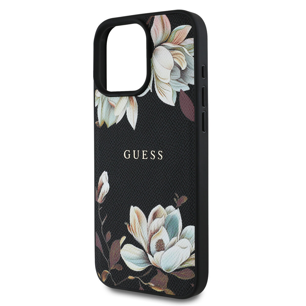 Guess Guess iPhone 16 Pro Max Back cover coque - HC O Grained PU Printed Flowers And Classic Logo - Noir Guess Guess iPhone 16 Pro Max Back cover coque - HC O Grained PU Printed Flowers And Classic Logo - Noir