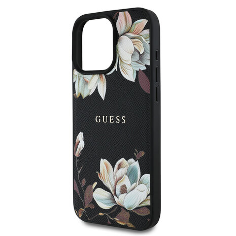 Guess Guess iPhone 16 Pro Max Back cover coque - HC O Grained PU Printed Flowers And Classic Logo - Noir Guess Guess iPhone 16 Pro Max Back cover coque - HC O Grained PU Printed Flowers And Classic Logo - Noir