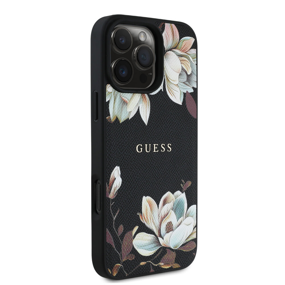 Guess Guess iPhone 16 Pro Max Back-Cover hul - HC O Grained PU Printed Flowers And Classic Logo - Schwarz