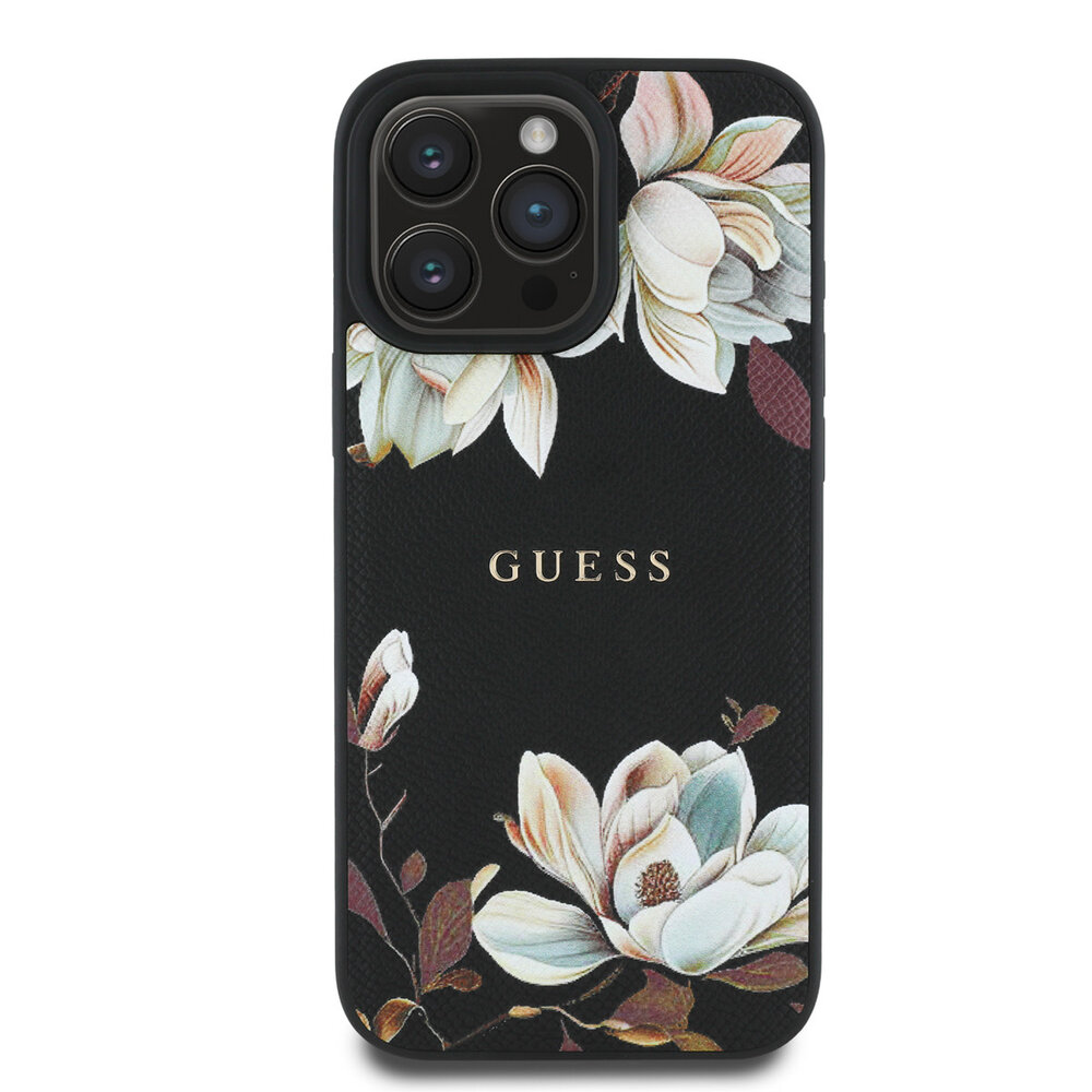 Guess Guess iPhone 16 Pro Max Back-Cover hul - HC O Grained PU Printed Flowers And Classic Logo - Schwarz