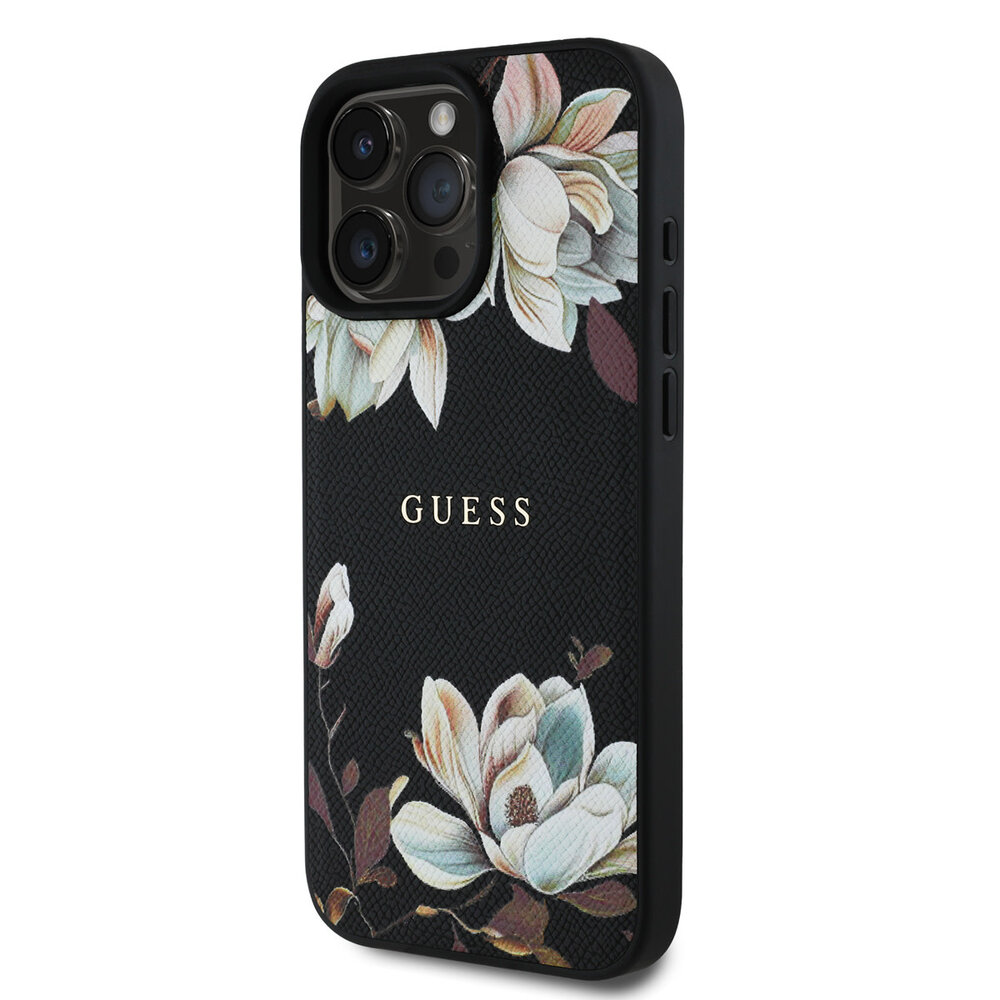 Guess Guess iPhone 16 Pro Max Backcover hoesje - HC O Grained PU Printed Flowers And Classic Logo - Zwart Guess Guess iPhone 16 Pro Max Backcover hoesje - HC O Grained PU Printed Flowers And Classic Logo - Zwart
