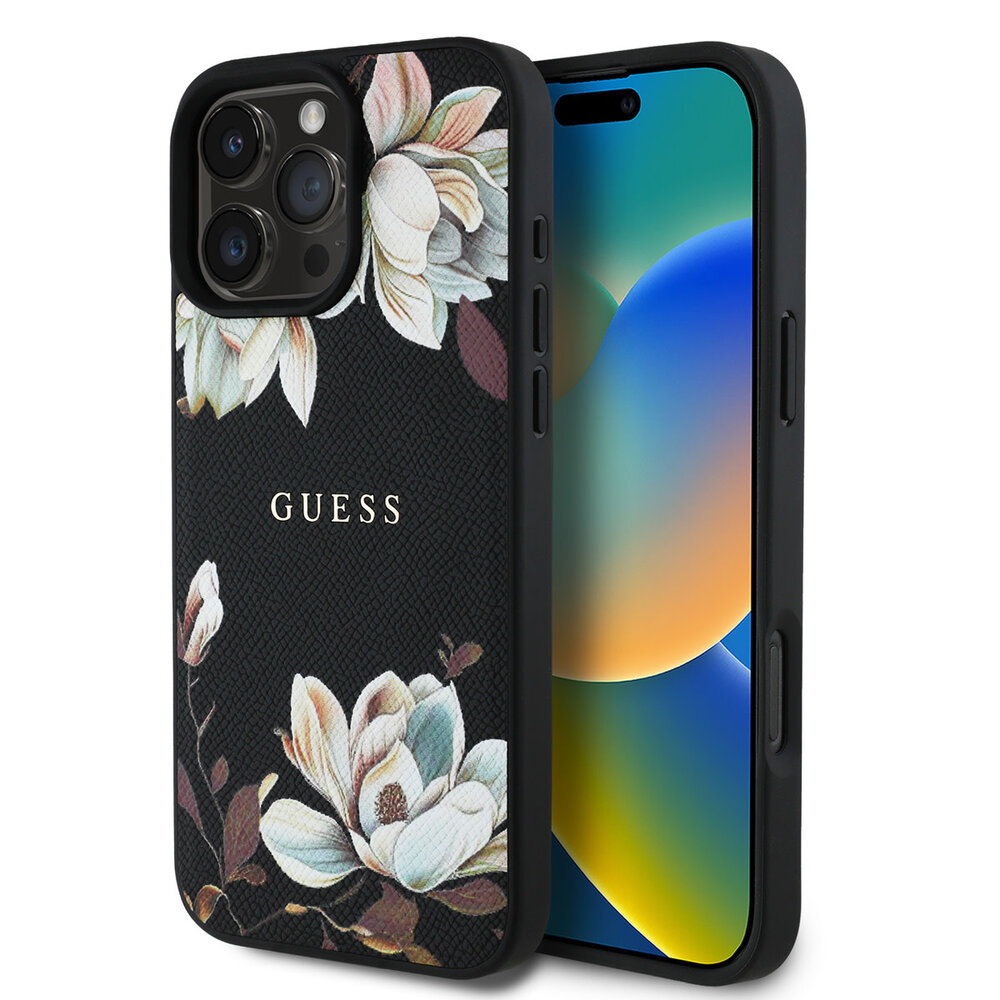 Guess Guess iPhone 16 Pro Max Back cover case - HC O Grained PU Printed Flowers And Classic Logo - Black Guess Guess iPhone 16 Pro Max Back cover case - HC O Grained PU Printed Flowers And Classic Logo - Black