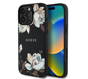 Guess Guess iPhone 16 Pro Max Backcover hoesje - HC O Grained PU Printed Flowers And Classic Logo - Zwart Guess Guess iPhone 16 Pro Max Backcover hoesje - HC O Grained PU Printed Flowers And Classic Logo - Zwart