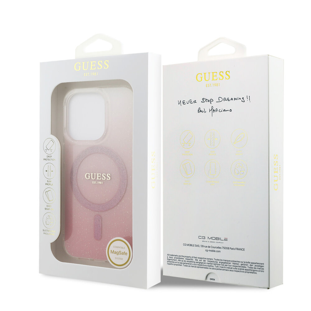 Guess Guess iPhone 15 Pro Back cover case - O HC Magsafe IML Glitter Gradient - Pink Guess Guess iPhone 15 Pro Back cover case - O HC Magsafe IML Glitter Gradient - Pink