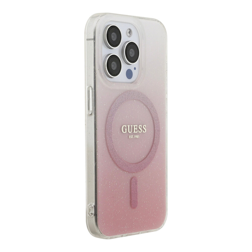 Guess Guess iPhone 15 Pro Backcover hoesje - O HC Magsafe IML Glitter Gradient - Roze Guess Guess iPhone 15 Pro Backcover hoesje - O HC Magsafe IML Glitter Gradient - Roze