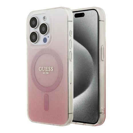 Guess Guess iPhone 15 Pro Backcover hoesje - O HC Magsafe IML Glitter Gradient - Roze Guess Guess iPhone 15 Pro Backcover hoesje - O HC Magsafe IML Glitter Gradient - Roze