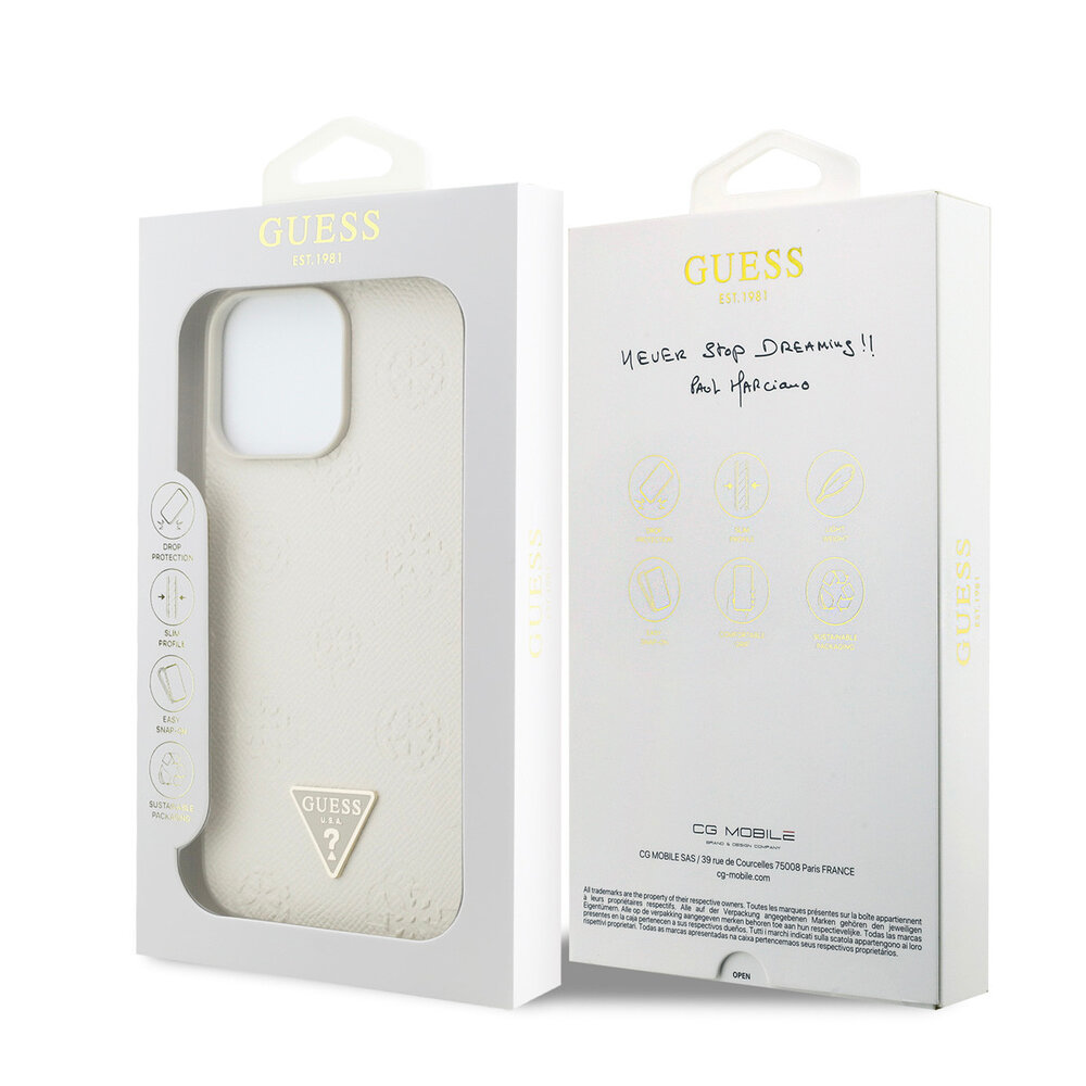 Guess Guess iPhone 15 Pro Max Backcover hoesje - HC O Grained PU HS Peony And Triangle Logo - Beige Guess Guess iPhone 15 Pro Max Backcover hoesje - HC O Grained PU HS Peony And Triangle Logo - Beige