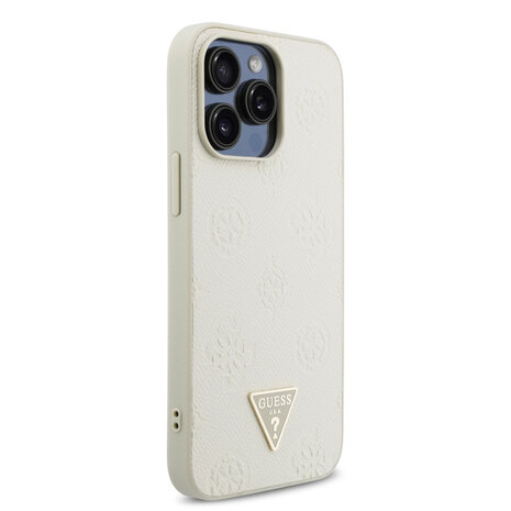 Guess Guess iPhone 15 Pro Max Backcover hoesje - HC O Grained PU HS Peony And Triangle Logo - Beige Guess Guess iPhone 15 Pro Max Backcover hoesje - HC O Grained PU HS Peony And Triangle Logo - Beige