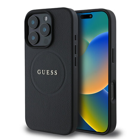 Guess Guess iPhone 16 Pro Max Backcover hoesje - HC O Magsafe PU Grained Ring - Zwart Guess Guess iPhone 16 Pro Max Backcover hoesje - HC O Magsafe PU Grained Ring - Zwart