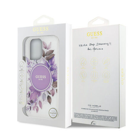Guess Guess iPhone 15 Pro Max Backcover hoesje - HC O Magsafe IML Flower - Paars Guess Guess iPhone 15 Pro Max Backcover hoesje - HC O Magsafe IML Flower - Paars