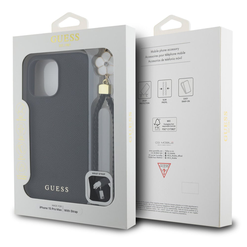 Guess Guess iPhone 15 Pro Max Back-Cover hul - HC O Grained PU With Flower Charm Strap - Schwarz Guess Guess iPhone 15 Pro Max Back-Cover hul - HC O Grained PU With Flower Charm Strap - Schwarz