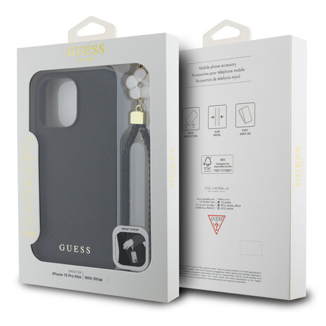 Guess Guess iPhone 15 Pro Max Back cover case - HC O Grained PU With Flower Charm Strap - Black Guess Guess iPhone 15 Pro Max Back cover case - HC O Grained PU With Flower Charm Strap - Black