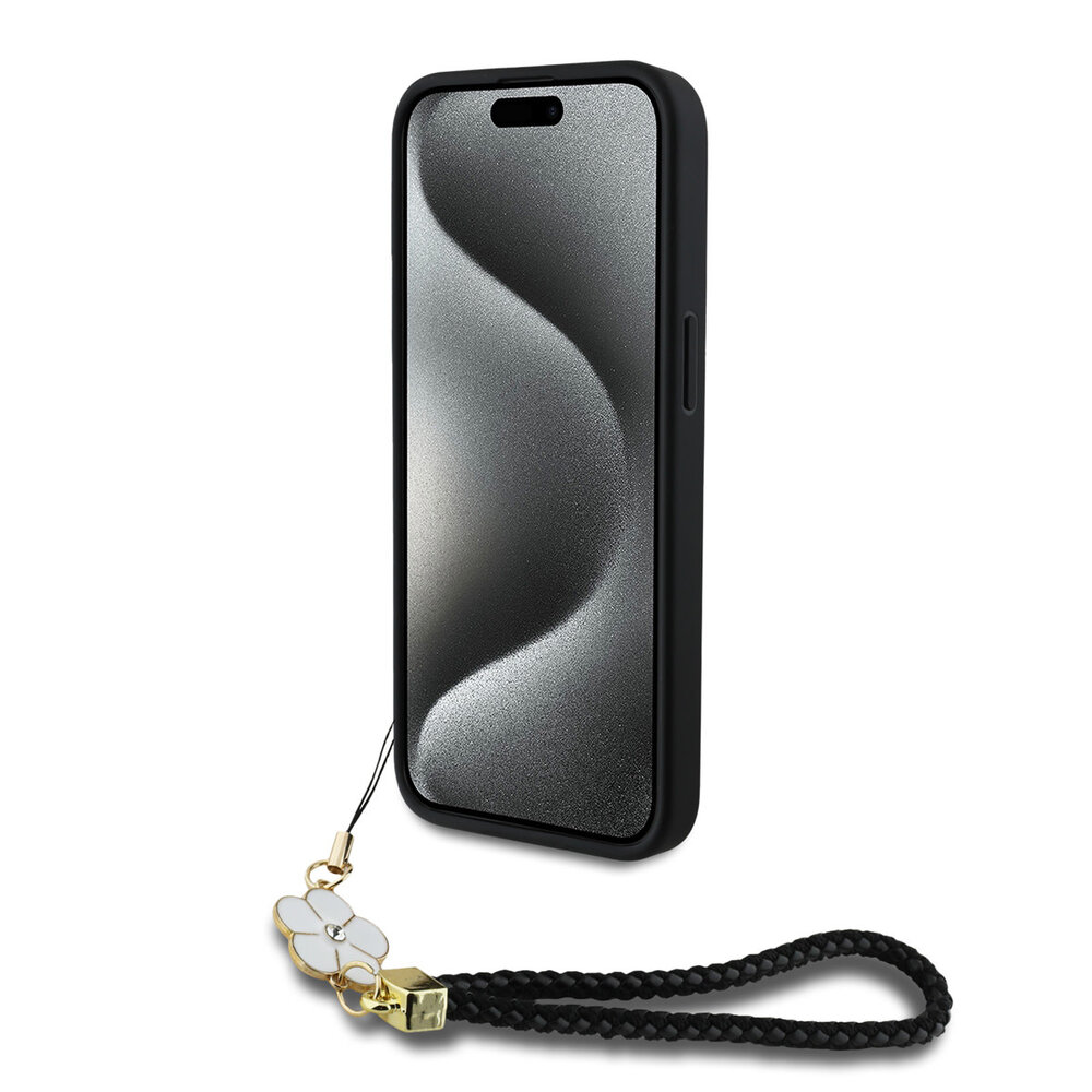 Guess Guess iPhone 15 Pro Max Back cover coque - HC O Grained PU With Flower Charm Strap - Noir Guess Guess iPhone 15 Pro Max Back cover coque - HC O Grained PU With Flower Charm Strap - Noir