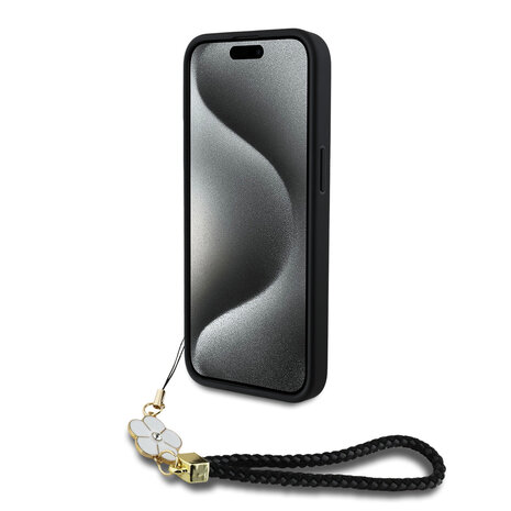 Guess Guess iPhone 15 Pro Max Back cover coque - HC O Grained PU With Flower Charm Strap - Noir Guess Guess iPhone 15 Pro Max Back cover coque - HC O Grained PU With Flower Charm Strap - Noir