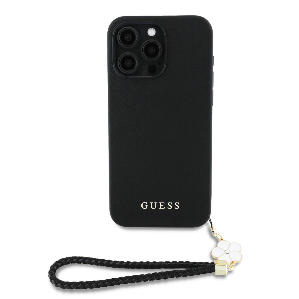 Guess Guess iPhone 15 Pro Max Back-Cover hul - HC O Grained PU With Flower Charm Strap - Schwarz Guess Guess iPhone 15 Pro Max Back-Cover hul - HC O Grained PU With Flower Charm Strap - Schwarz