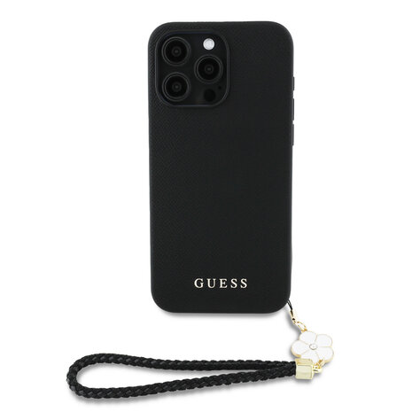 Guess Guess iPhone 15 Pro Max Back-Cover hul - HC O Grained PU With Flower Charm Strap - Schwarz Guess Guess iPhone 15 Pro Max Back-Cover hul - HC O Grained PU With Flower Charm Strap - Schwarz