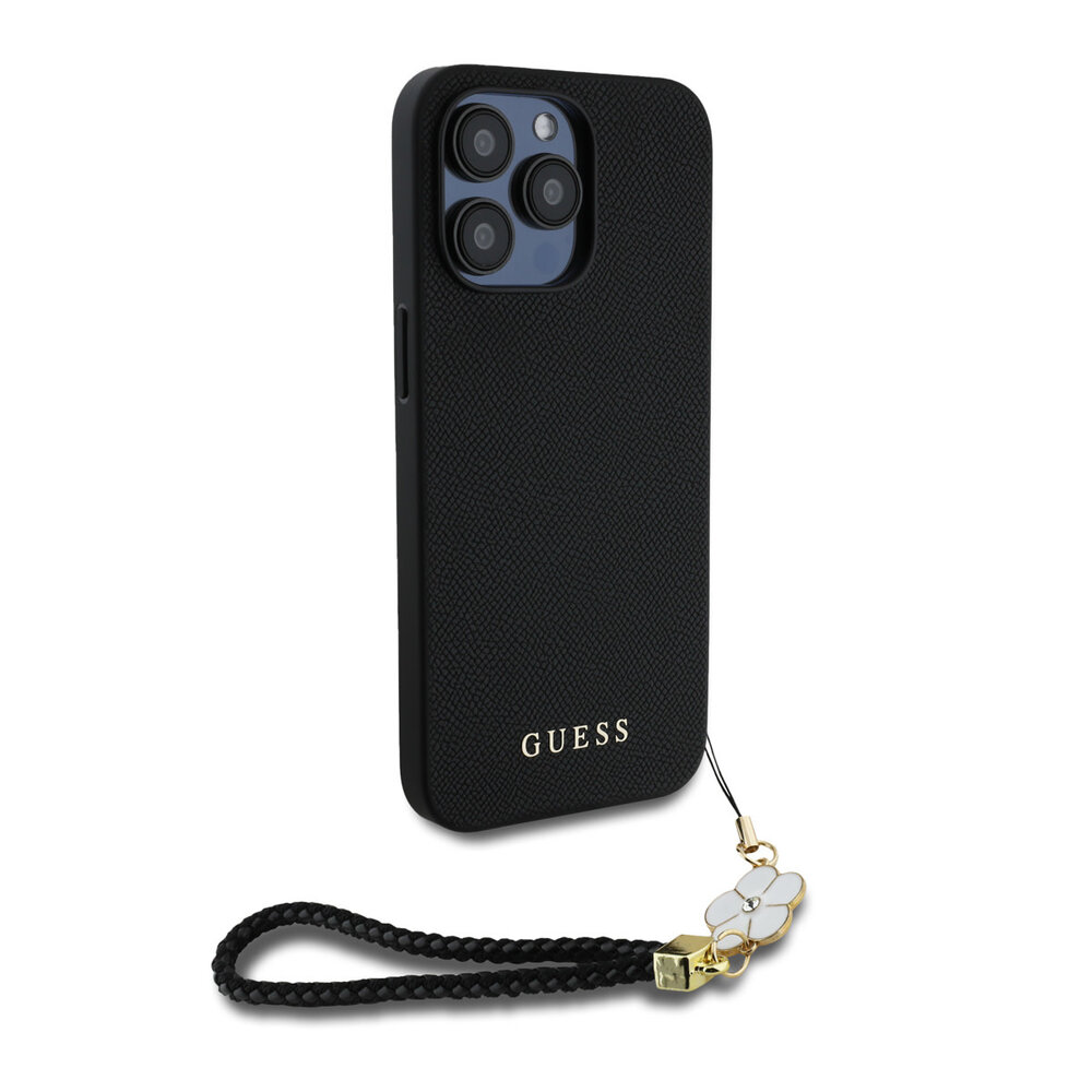 Guess Guess iPhone 15 Pro Max Back-Cover hul - HC O Grained PU With Flower Charm Strap - Schwarz Guess Guess iPhone 15 Pro Max Back-Cover hul - HC O Grained PU With Flower Charm Strap - Schwarz