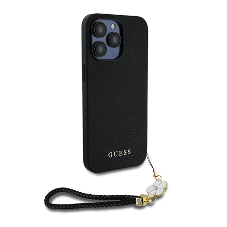 Guess Guess iPhone 15 Pro Max Back-Cover hul - HC O Grained PU With Flower Charm Strap - Schwarz Guess Guess iPhone 15 Pro Max Back-Cover hul - HC O Grained PU With Flower Charm Strap - Schwarz