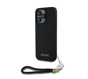 Guess Guess iPhone 15 Pro Max Backcover hoesje - HC O Grained PU With Flower Charm Strap - Zwart Guess Guess iPhone 15 Pro Max Backcover hoesje - HC O Grained PU With Flower Charm Strap - Zwart