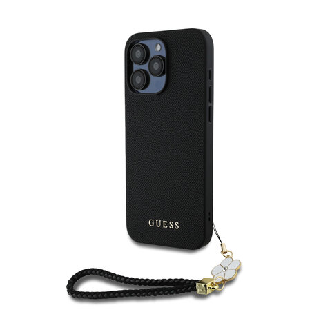 Guess Guess iPhone 15 Pro Max Back cover case - HC O Grained PU With Flower Charm Strap - Black Guess Guess iPhone 15 Pro Max Back cover case - HC O Grained PU With Flower Charm Strap - Black