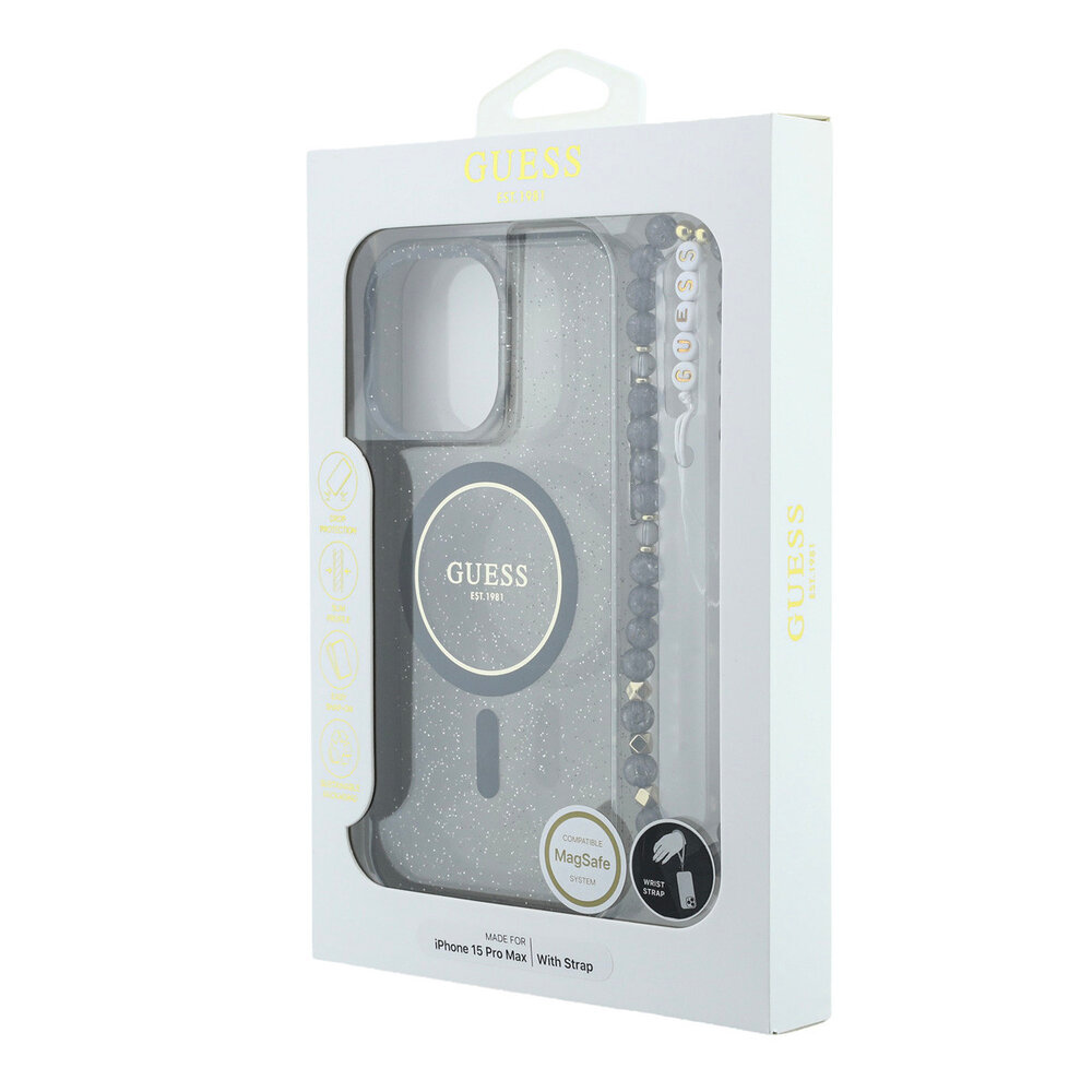 Guess Guess iPhone 15 Pro Max Backcover hoesje - HC O Magsafe IML Glitter W/ Pearl Strap - Zwart Guess Guess iPhone 15 Pro Max Backcover hoesje - HC O Magsafe IML Glitter W/ Pearl Strap - Zwart