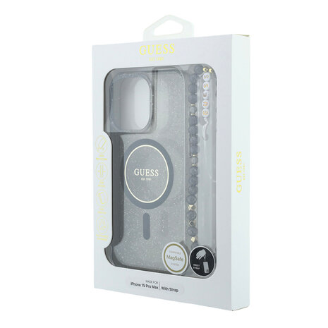 Guess Guess iPhone 15 Pro Max Back cover coque - HC O Magsafe IML Glitter W/ Pearl Strap - Noir