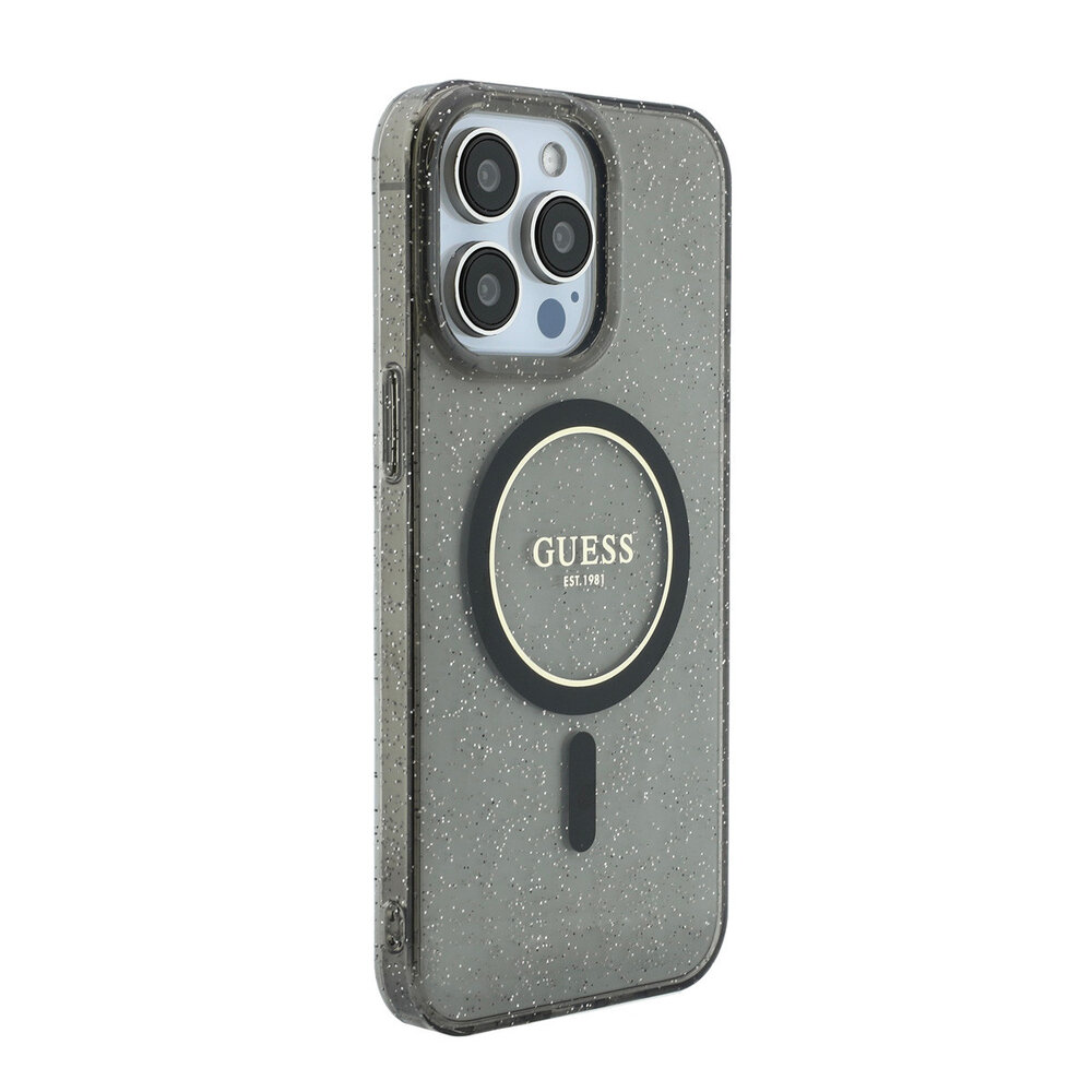 Guess Guess iPhone 15 Pro Max Back cover coque - HC O Magsafe IML Glitter W/ Pearl Strap - Noir